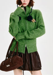 Modern Tea Green Zip Up Floral Knit Cardigans Winter