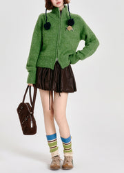 Modern Tea Green Zip Up Floral Knit Cardigans Winter