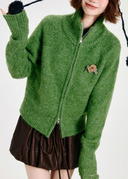 Modern Tea Green Zip Up Floral Knit Cardigans Winter