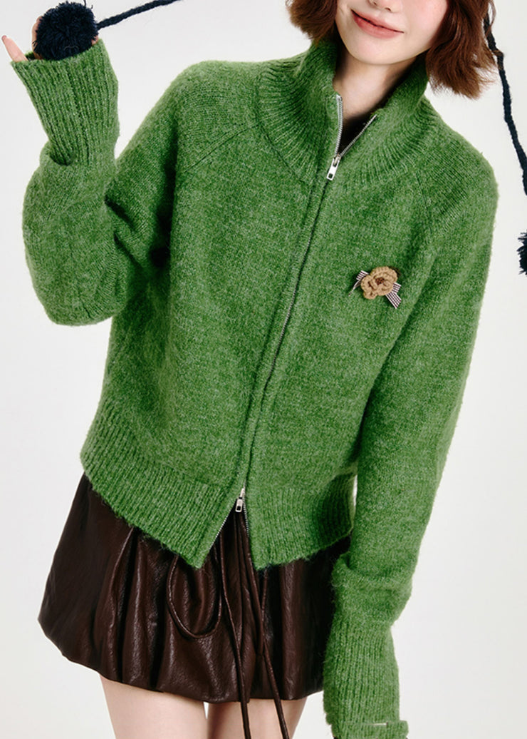 Modern Tea Green Zip Up Floral Knit Cardigans Winter