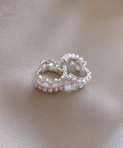 Modern White Alloy Woven Pearl Lace Hoop Earrings