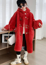 Modern White Button Girls Mink Velvet Long Hooded Coats Winter