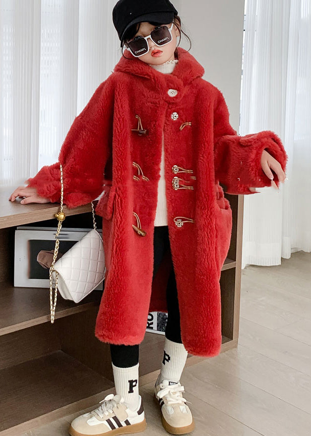 Modern White Button Girls Mink Velvet Long Hooded Coats Winter