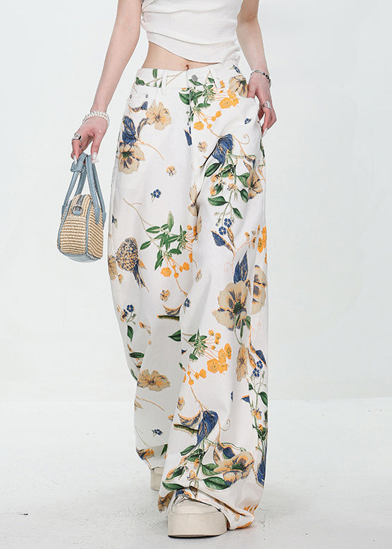 Modern White Button Pockets High Waist Denim Wide Leg Pants
