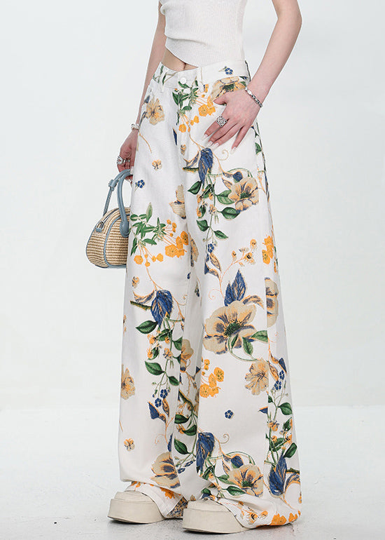 Modern White Button Pockets High Waist Denim Wide Leg Pants