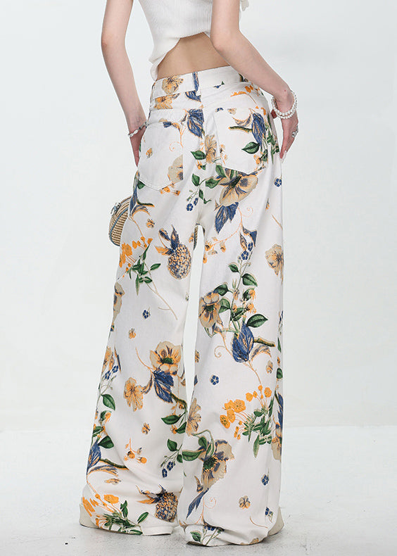 Modern White Button Pockets High Waist Denim Wide Leg Pants