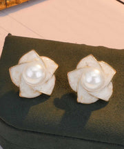 Modern White Copper Overgild Pearl Stud Earrings