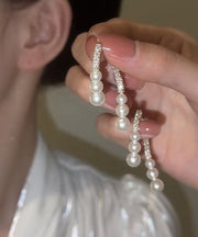 Modern White Copper Zircon Pearl Tassel Hoop Earring