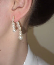 Modern White Copper Zircon Pearl Tassel Hoop Earring