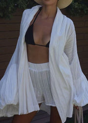 Modern White Cotton Cardigan And Shorts Two Pieces Set Lantern Sleeve