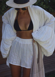 Modern White Cotton Cardigan And Shorts Two Pieces Set Lantern Sleeve