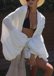 Modern White Cotton Cardigan And Shorts Two Pieces Set Lantern Sleeve