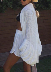Modern White Cotton Cardigan And Shorts Two Pieces Set Lantern Sleeve