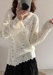 Modern White Floral Hooded Knit Lace Shirts Spring