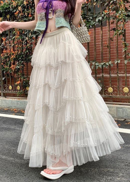 Modern White Nail Bead Tulle Holiday Skirts Fall