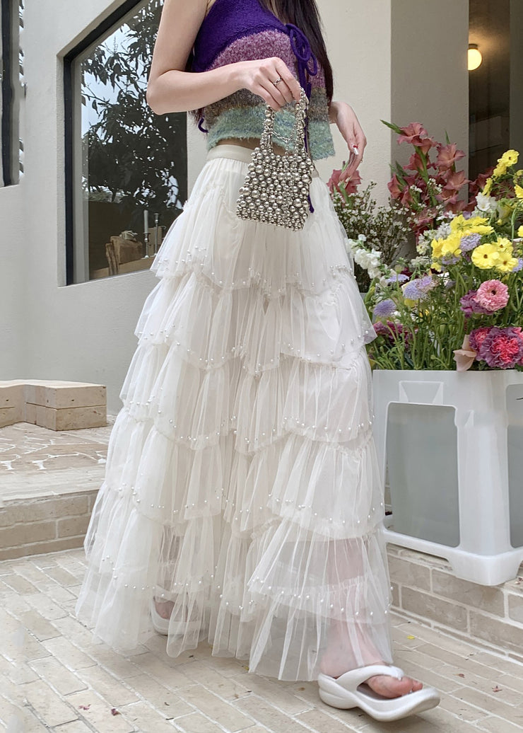 Modern White Nail Bead Tulle Holiday Skirts Fall