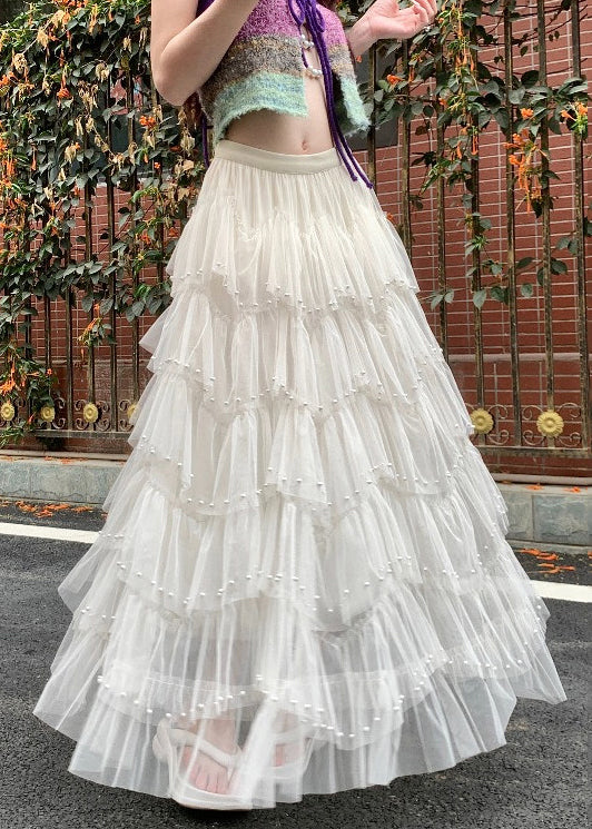 Modern White Nail Bead Tulle Holiday Skirts Fall