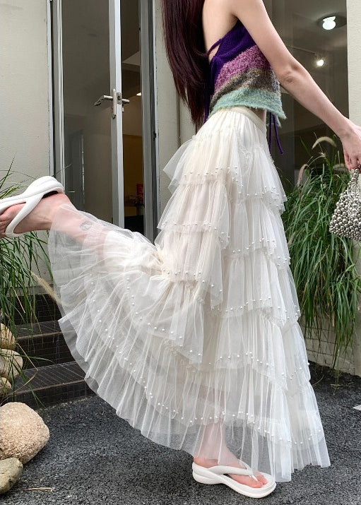Modern White Nail Bead Tulle Holiday Skirts Fall