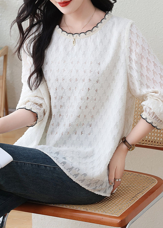 Modern White O-Neck Jacquard Lace Top Fall