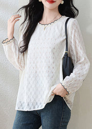 Modern White O-Neck Jacquard Lace Top Fall