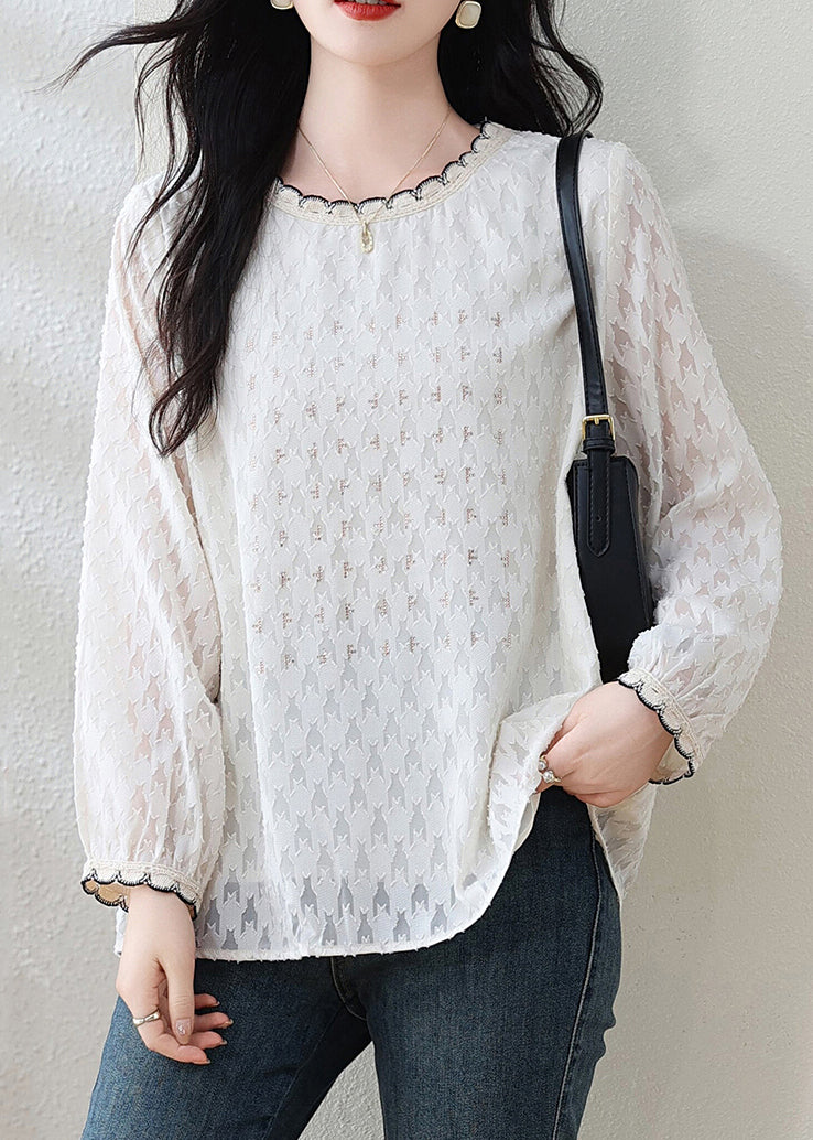 Modern White O-Neck Jacquard Lace Top Fall