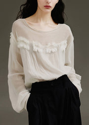 Modern White O-Neck Patchwork Tulle Top Lantern Sleev