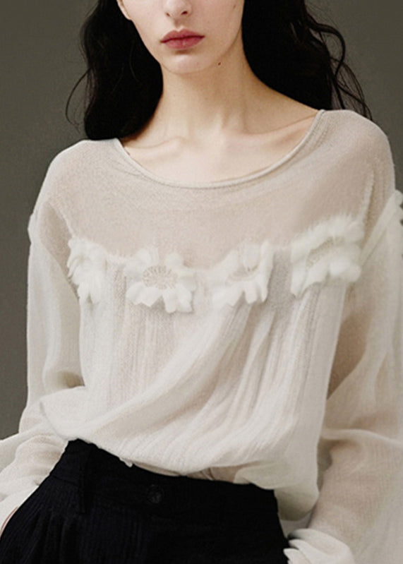 Modern White O-Neck Patchwork Tulle Top Lantern Sleev