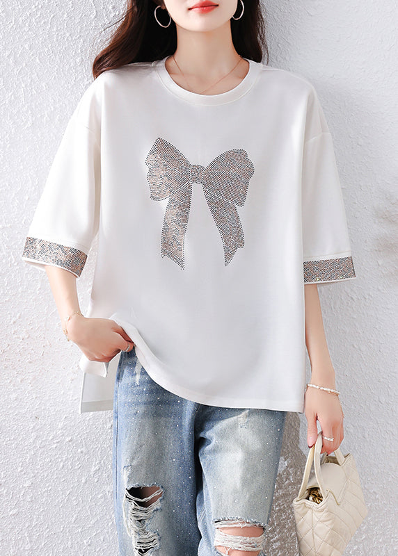 Modern White Oversized Bow Rhinestone Cotton Tanks Summer