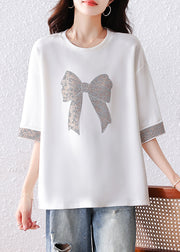Modern White Oversized Bow Rhinestone Cotton Tanks Summer