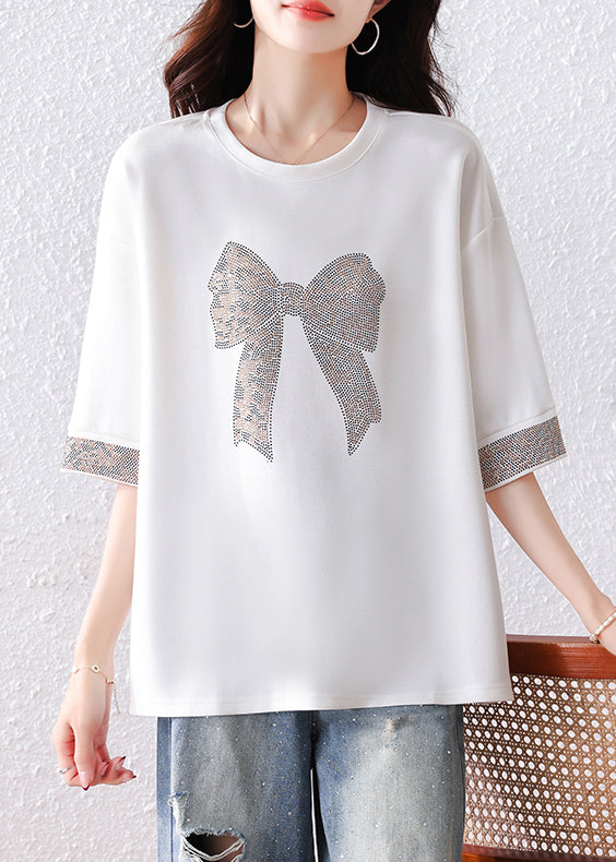Modern White Oversized Bow Rhinestone Cotton Tanks Summer