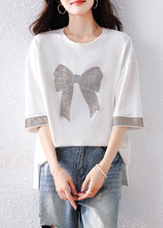 Modern White Oversized Bow Rhinestone Cotton Tanks Summer