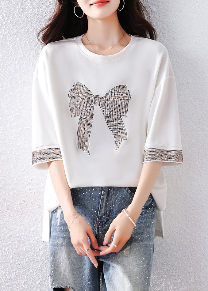 Modern White Oversized Bow Rhinestone Cotton Tanks Summer