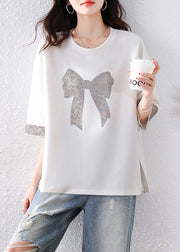 Modern White Oversized Bow Rhinestone Cotton Tanks Summer