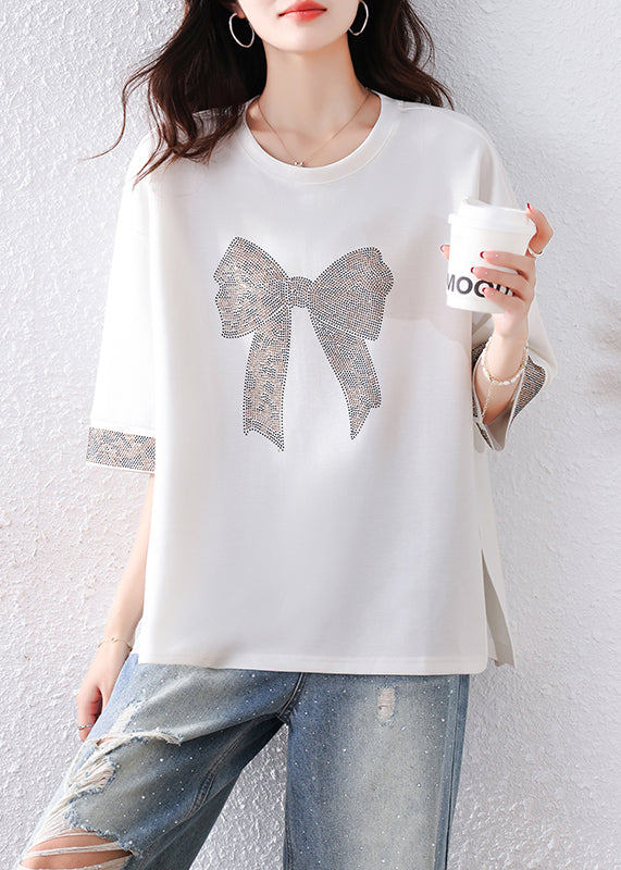 Modern White Oversized Bow Rhinestone Cotton Tanks Summer
