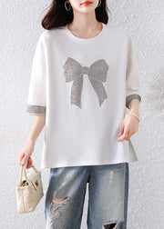 Modern White Oversized Bow Rhinestone Cotton Tanks Summer