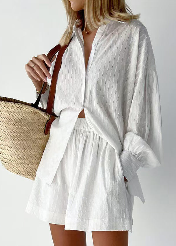 Modern White Oversized Jacquard Cotton Two Piece Set Outfits Summer