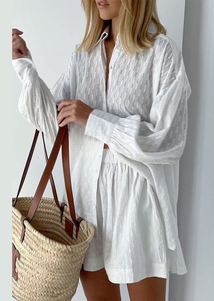 Modern White Oversized Jacquard Cotton Two Piece Set Outfits Summer