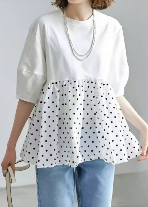 Modern White Patchwork Dot Cotton Blouses Half Sleeve