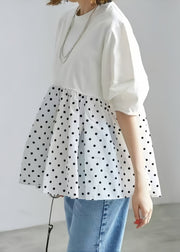 Modern White Patchwork Dot Cotton Blouses Half Sleeve