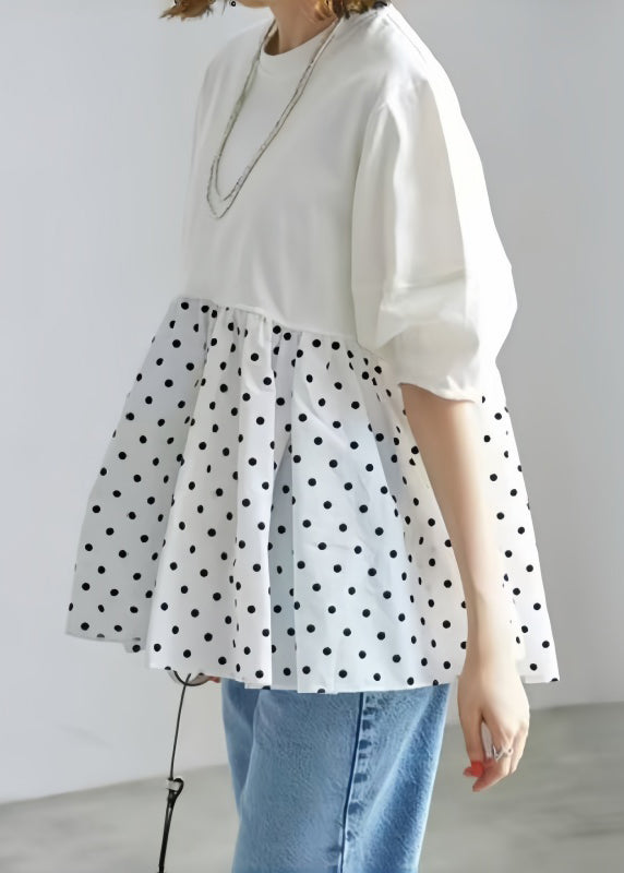 Modern White Patchwork Dot Cotton Blouses Half Sleeve
