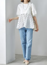 Modern White Patchwork Dot Cotton Blouses Half Sleeve