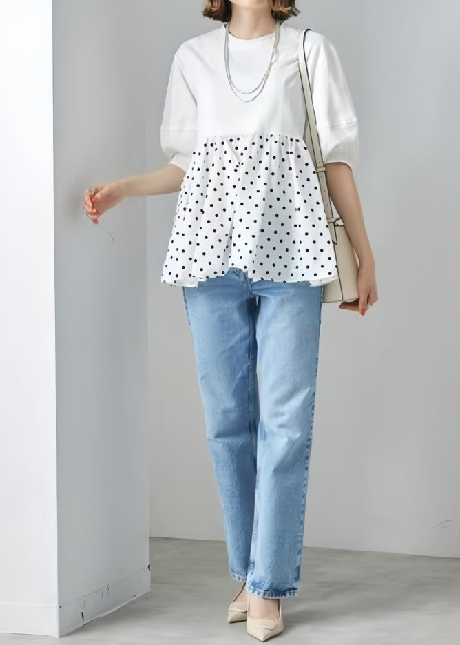 Modern White Patchwork Dot Cotton Blouses Half Sleeve
