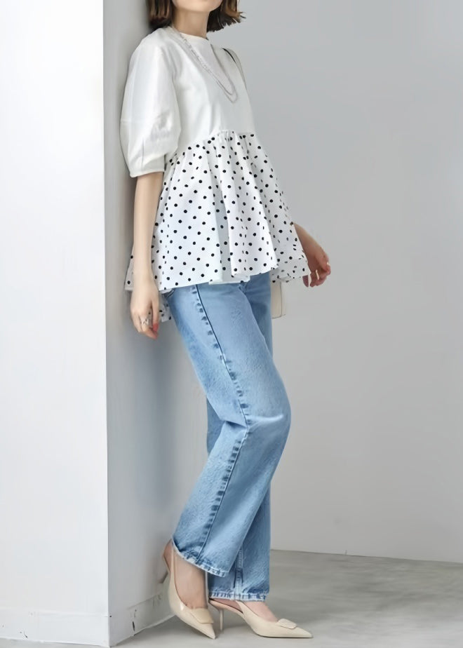 Modern White Patchwork Dot Cotton Blouses Half Sleeve