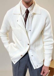 Modern White Peter Pan Collar Zip Up Cotton Knit Mens Coats Fall