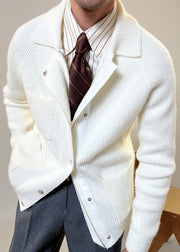 Modern White Peter Pan Collar Zip Up Cotton Knit Mens Coats Fall