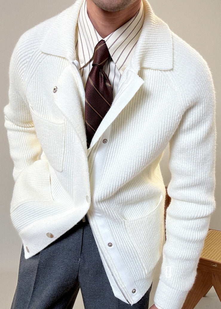Modern White Peter Pan Collar Zip Up Cotton Knit Mens Coats Fall