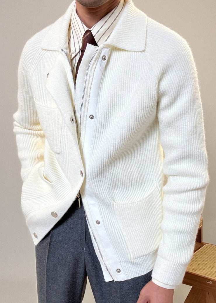 Modern White Peter Pan Collar Zip Up Cotton Knit Mens Coats Fall