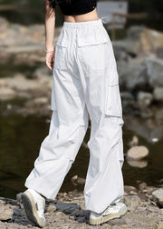 Modern White Pockets Elastic Waist Drawstring Cotton Pants Fall