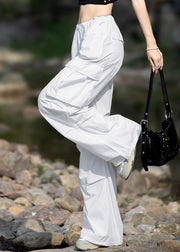 Modern White Pockets Elastic Waist Drawstring Cotton Pants Fall