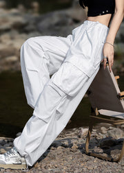 Modern White Pockets Elastic Waist Drawstring Cotton Pants Fall